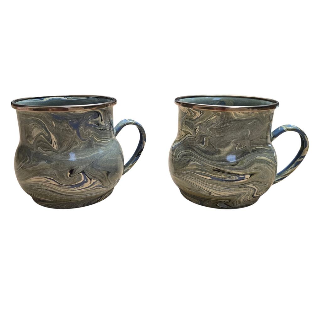 Mackenzie Childs Enamelware Blue Green Gold Dipped Paint Swirl Metal Mug